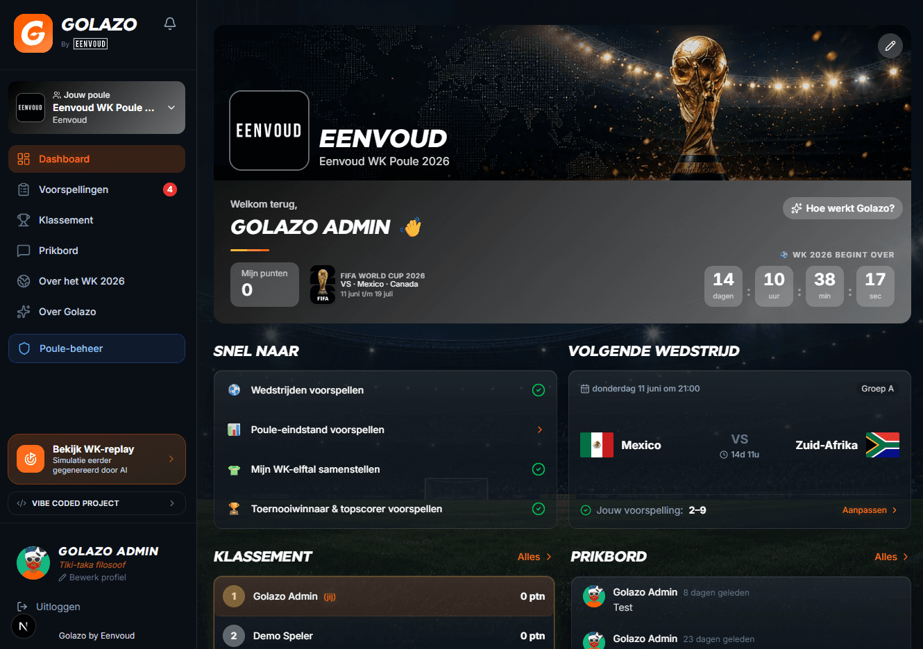 Persoonlijk Supergolazo-dashboard met klassement, voorspellingen en prikbord